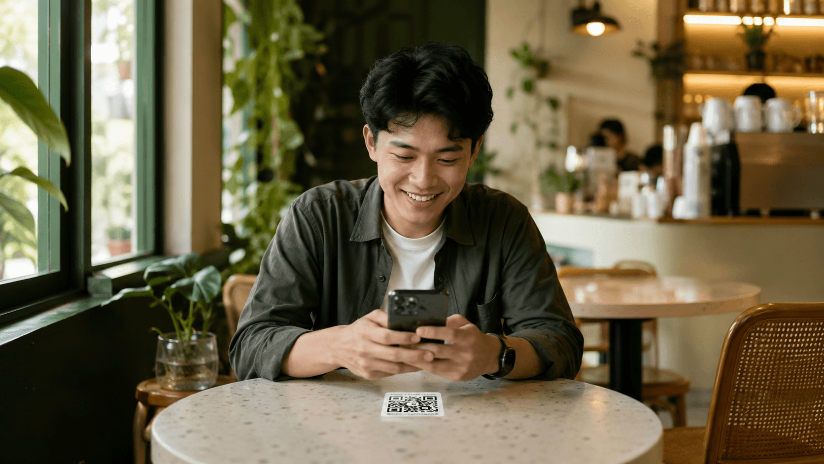 Pelanggan kafe memindai stiker QR di meja lewat kamera HP-nya