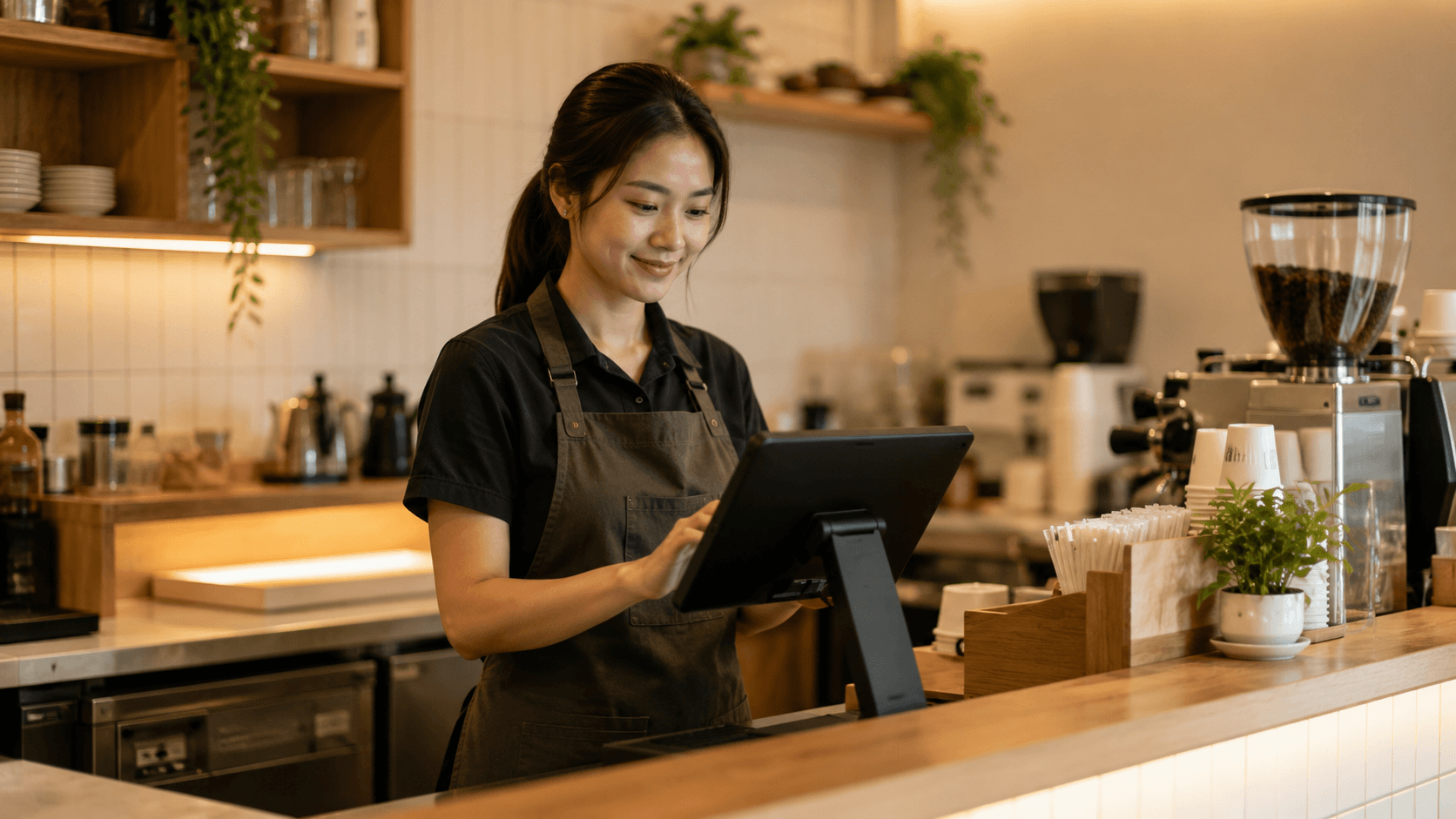 Kasir memakai tablet di meja kasir