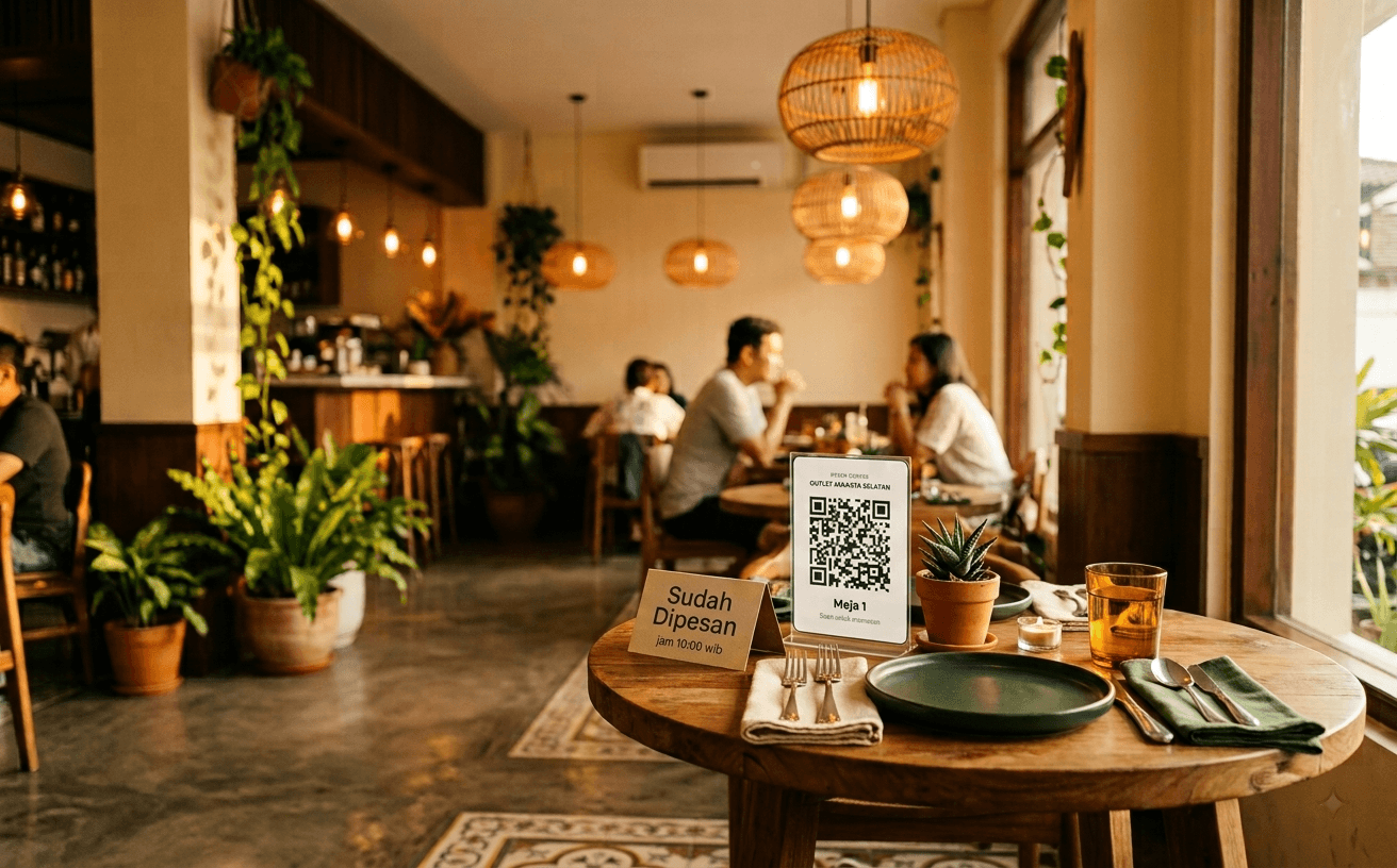 Meja kafe dengan tanda 'Sudah Dipesan' dan kartu QR reservasi pesen.app