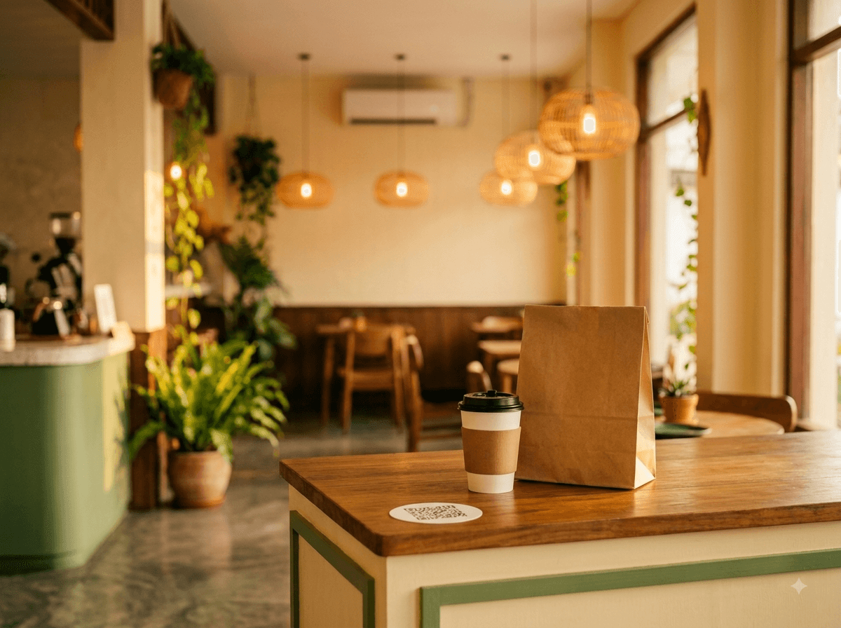 Kopi take away dan tas kertas di meja pickup dengan stiker QR pesen.app