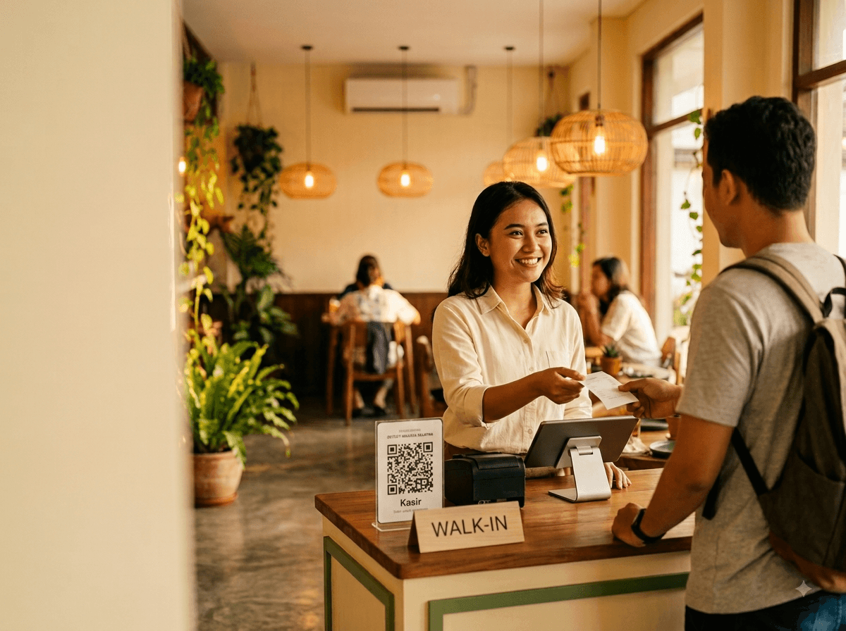 Kasir pesen.app menyerahkan struk ke pelanggan walk-in di meja kasir bertanda Walk-in